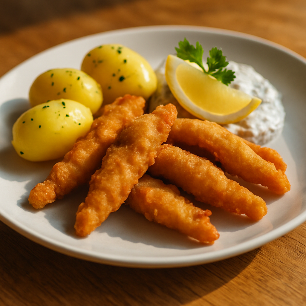 Felchenknusperli mit Salzkartoffeln · Gruppenmenü bei Restaurant Pier