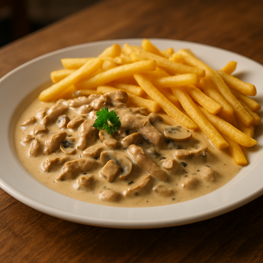 Kalbsgeschnetzeltes Zürcher Art mit Pommes bei Ristorante Pizzeria La Luna