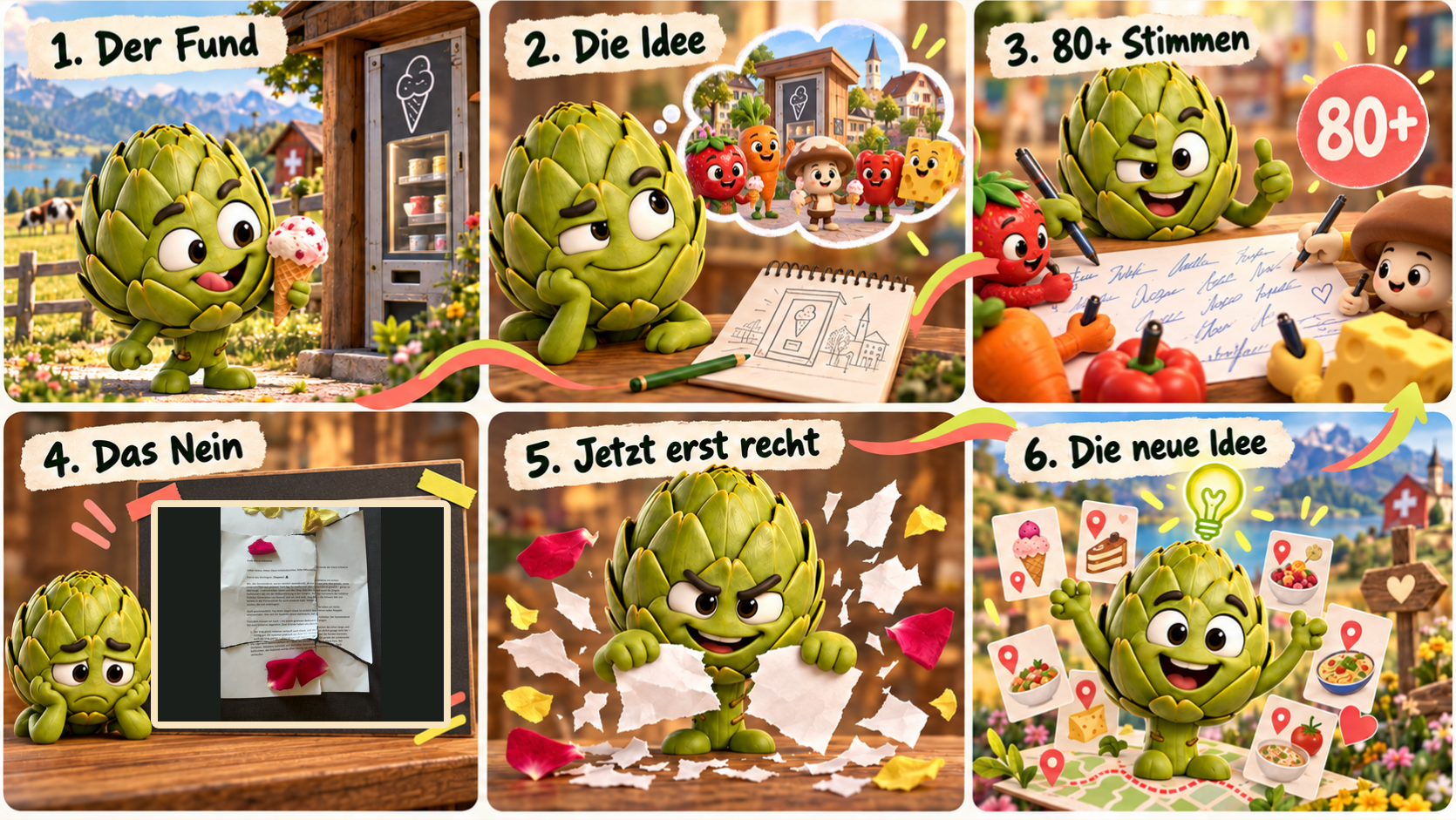 Sechsteiliges Storyboard: Anton entdeckt Bauernhof-Glacé, entwickelt eine Dorfidee, sammelt über 80 Unterschriften, erhält eine Absage, zerreißt enttäuscht das Schreiben und macht trotzdem mit neuen Ideen weiter