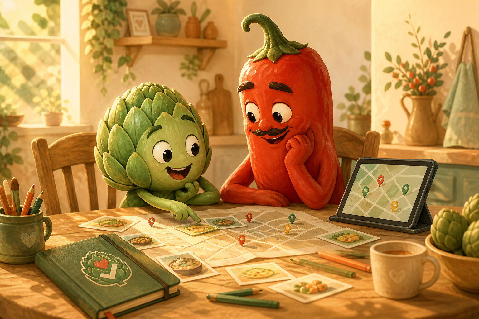 Anton als Artischocke und Markus als Chili entwickeln gemeinsam die Yummie Food Map